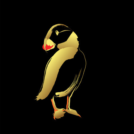 Puffin bird ,Golden brush stroke painting over black backgroundのイラスト素材