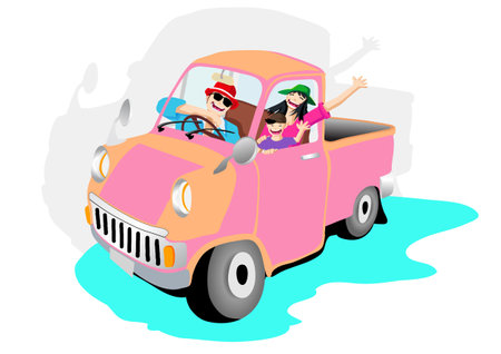 Traveling by car - Happy family traveling vector design concept isolate on white background. Car interior view of man driving, female and little son smiling ,Father, mother and child on summer vacation.のイラスト素材