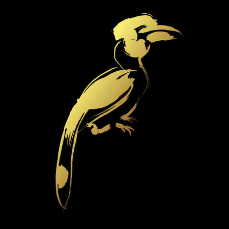 Golden brush stroke Greater indian hornbill ,Illustration paint brush stroke over black background