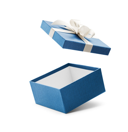 Blue open gift box with white bow isolated on whiteの写真素材