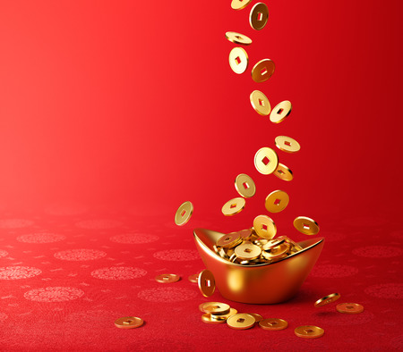 Gold coins dropping on gold sycee yuanbao - red chinese fabric with oriental motifs background Gold coins dropping on gold sycee yuanbao - red chinese fabric with oriental motifs background
