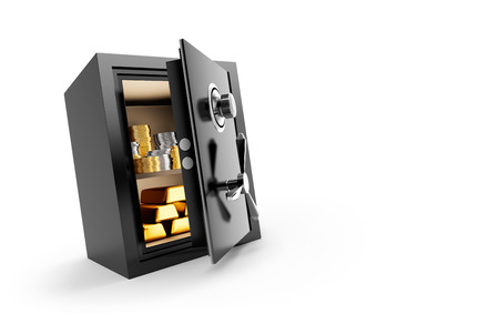 Precious metals stored in safe box isolated on white backgroundの写真素材