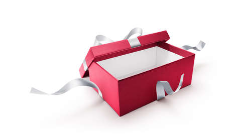 Red open gift box with silver ribbon isolated on white background