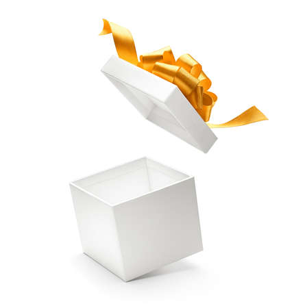 White color open gift box with gold ribbon isolated on white