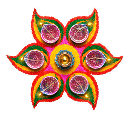 Oil lamp on colorful rangoli over white backgroundの写真素材