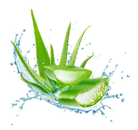 Aloe vera slices with water splash isolated on white backgroundの写真素材