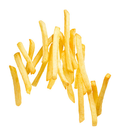 French fries splashing isolated on white backgroundの写真素材