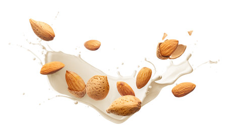 Almonds with milk splash isolated on white backgroundの写真素材