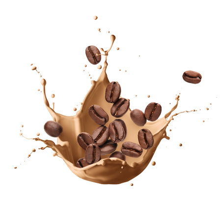Milk coffee splashing with coffee beans isolated on white backgroundの写真素材