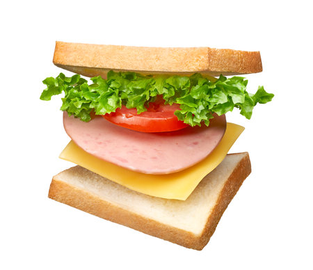 Delicious sandwich with layers of ingredients isolated on white backgroundの写真素材