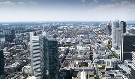 Frankfurt, Germany - July 7, 2018: Aerial view of Frankfurt city and financial districts. It is the 2nd largest metro region in the country and joined the European Union in 2013.のeditorial素材