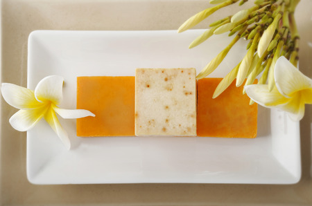 handmade soap on white dishの写真素材