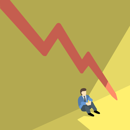 business man sitting alone against shadow wall with red arrow pointing downwards.のイラスト素材