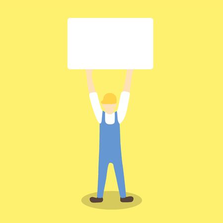 worker wearing yellow helmet holding up blank borad like protest or warningのイラスト素材