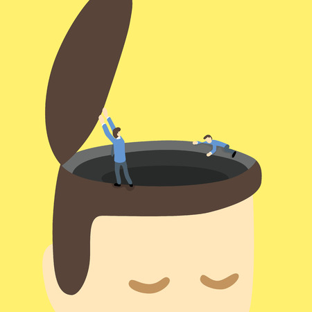businessmen open and explore around black hole or area on the opened head of a giant man.のイラスト素材