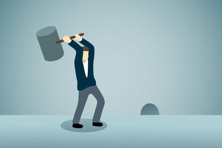 Businessman waiting for breaking something out from rat hole with hammer.のイラスト素材