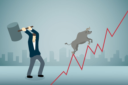 Businessman breaking bull runing on upward graph with hammerのイラスト素材