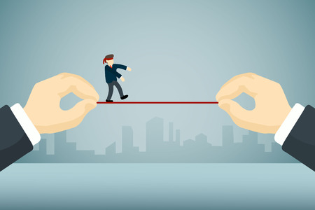 businessman with blindfold walking on tighten rope by big businessmanâs hands のイラスト素材