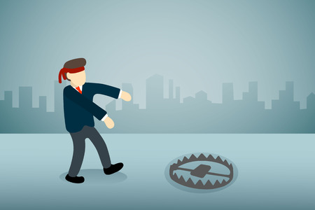 businessman with blindfold walking to trapのイラスト素材