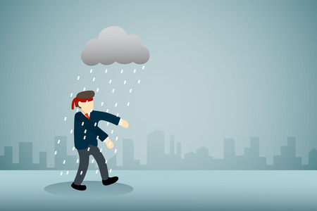 businessman with blindfold walking with rain cloud.のイラスト素材