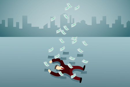 lying business man with falling money.のイラスト素材