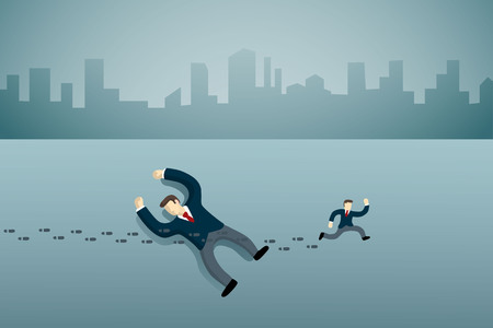 business man lie down on the floor with small businessman foot print.のイラスト素材