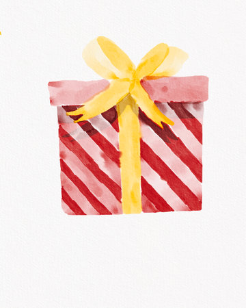 Gift box with yellow bow on white background. Watercolor paintingの写真素材