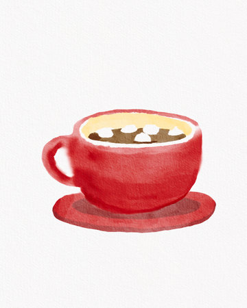 Red cup of hot chocolate marshmallows on a white background. Watercolor illustration.の写真素材