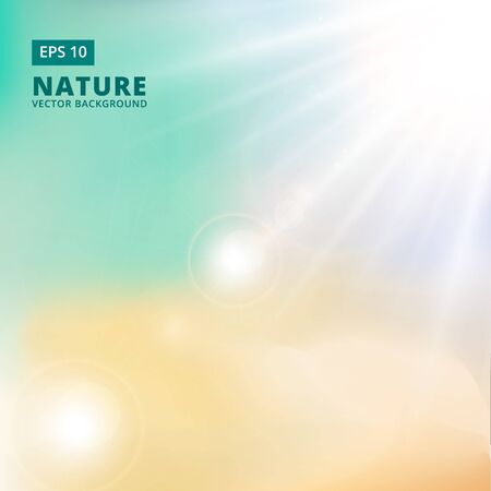Sparkling sunlight and flares of light from the sides on a green background of nature. vector background copy spaceのイラスト素材