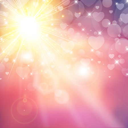 Happy valentines day shiny sunlight heart bokeh with lens flares on pink background. Vector illustration. Copy spaceのイラスト素材