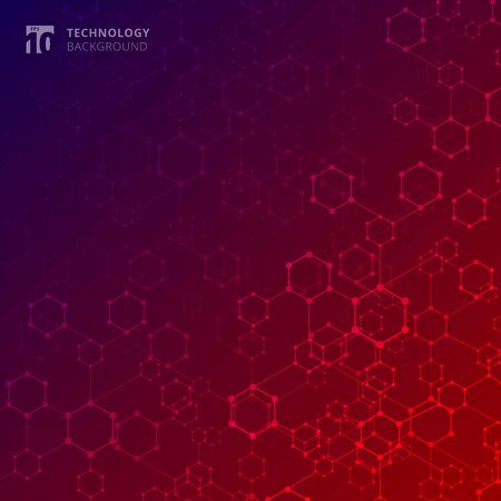 Abstract geometric technology hexagon with dots lines connection blue and red gradient background. DNA medical and molecules. Vector illustrationのイラスト素材