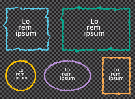 Set of grunge colorful frames on transparent background. Square, rectangle, circle, oval. Vector illustrationのイラスト素材