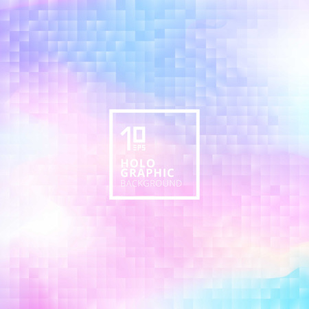 Holographic background with mosaic texture. Geometric squares pattern on hologram glith. Multicolor smooth pastel wallpaper. Colourful rainbow color. Trendy hipster style backdrop, vector for web design, print, poster, brochure, banner, annual report coverのイラスト素材