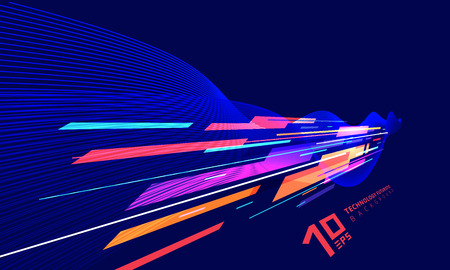 Abstract perspective technology geometric and twist lines colorful on dark blue background. Vector illustrationのイラスト素材