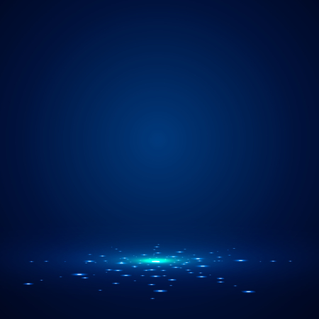 Blue stage background with light rays of spotlight and falling sparkling. Shimmering light dust shining. Studio room. Vector illustrationのイラスト素材