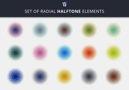 Set of abstract dots halftone circles radial elements on white background. You can use for label, tag, icon, etc. Vector illustrationのイラスト素材