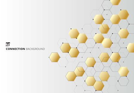 Abstract gold hexagons with nodes digital geometric with black lines and dots on white background. Technology connection concept. Vector illustrationのイラスト素材