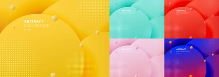 Set of abstract 3D liquid fluid circles yellow mustard, green mint, red, blue color beautiful background with halftone texture. Vector illustrationのイラスト素材