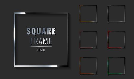 Set of square metallic border frame silver, golden, pink gold, copper, red, green on black background. Luxury style. Vector illustrationのイラスト素材