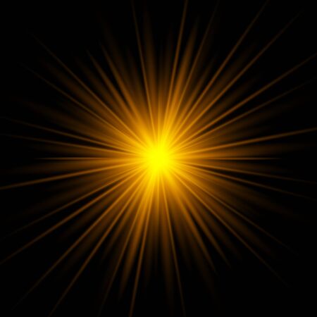 Yellow rays rising on dark background. Golden glowing light stars effect. Vector illustration