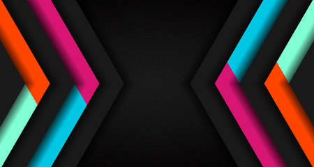 Abstract vibrant color triangle geometric overlap layer on glowing particles dots black background technology concept. Arrow shape direction colorful template for cover brochure, poster, banner web, flyer, presentation, etc. Vector illustrationのイラスト素材