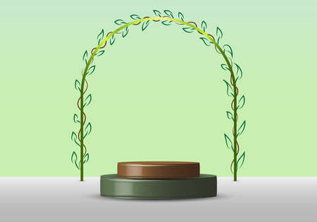 3D realistic empty green round pedestal mockup with rounded line border with leaves on soft green natural background nature concept. Winner podium stage for award ceremony concept. Vector illustrationのイラスト素材