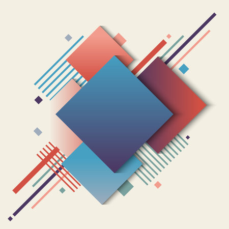 Abstract geometric squares blue and red gradient color with stripes lines elements on white background. Vector illustrationのイラスト素材