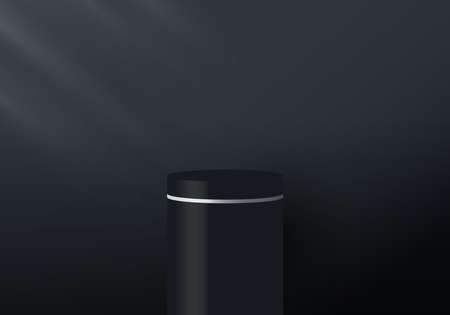 3D realistic black and white pedestal display on dark background with lighting. You can use for show cosmetic products, stage romance showcase on pedestal studio room. Vector illustrationのイラスト素材