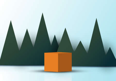 3D realistic brown cube shape with green triangles grass backdrop paper cut style on soft blue background. Vector illustrationのイラスト素材
