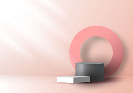 3D realistic pink and gray color geometric round shape stacked podium and circle backdrop with side lighting mockup minimal scene background for cosmetic product, showcase, etc. Vector illustrationのイラスト素材