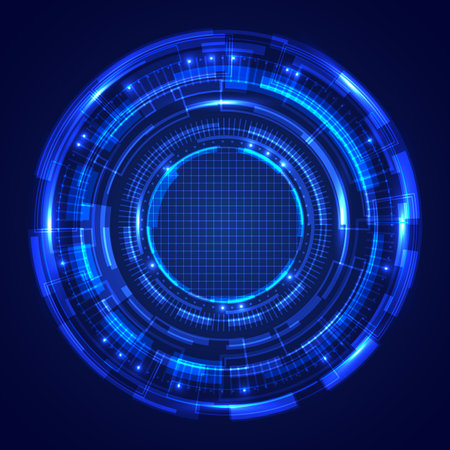 Abstract blue circles HUD screen system technology futuristic innovation with lighting effect on dark background. Vector illustrationのイラスト素材