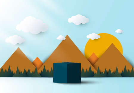 3D realistic blue cube shaped pedestal podium with landscape nature mountain, cloud and sun backdrop paper cut style on blue sky background. Vector illustrationのイラスト素材