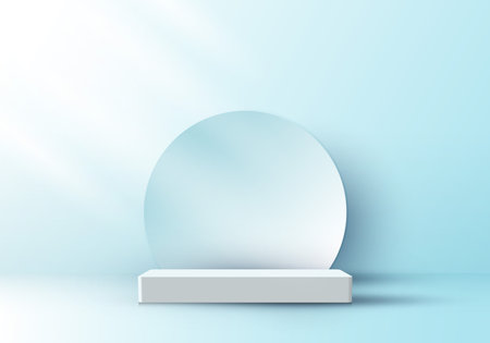 3D realistic elegant display white pedestal podium with circle backdrop on soft blue color studio room background with light. You can use for show cosmetic products, stage showcase. Vector illustrationのイラスト素材