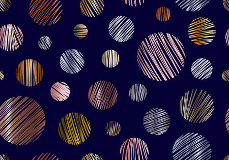 Abstract elegant gold, pink gold, silver, copper metallic circles seamless pattern with hand drawn striped line texture isolated on dark blue background. Modern luxury design for paper, fabric, interior decor, wallpaper, poster, brochure, etc. Vector illustrationのイラスト素材